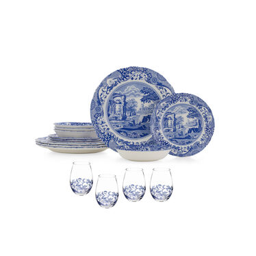 Blue Italian 16PC Set W/Stemless Wine glasses